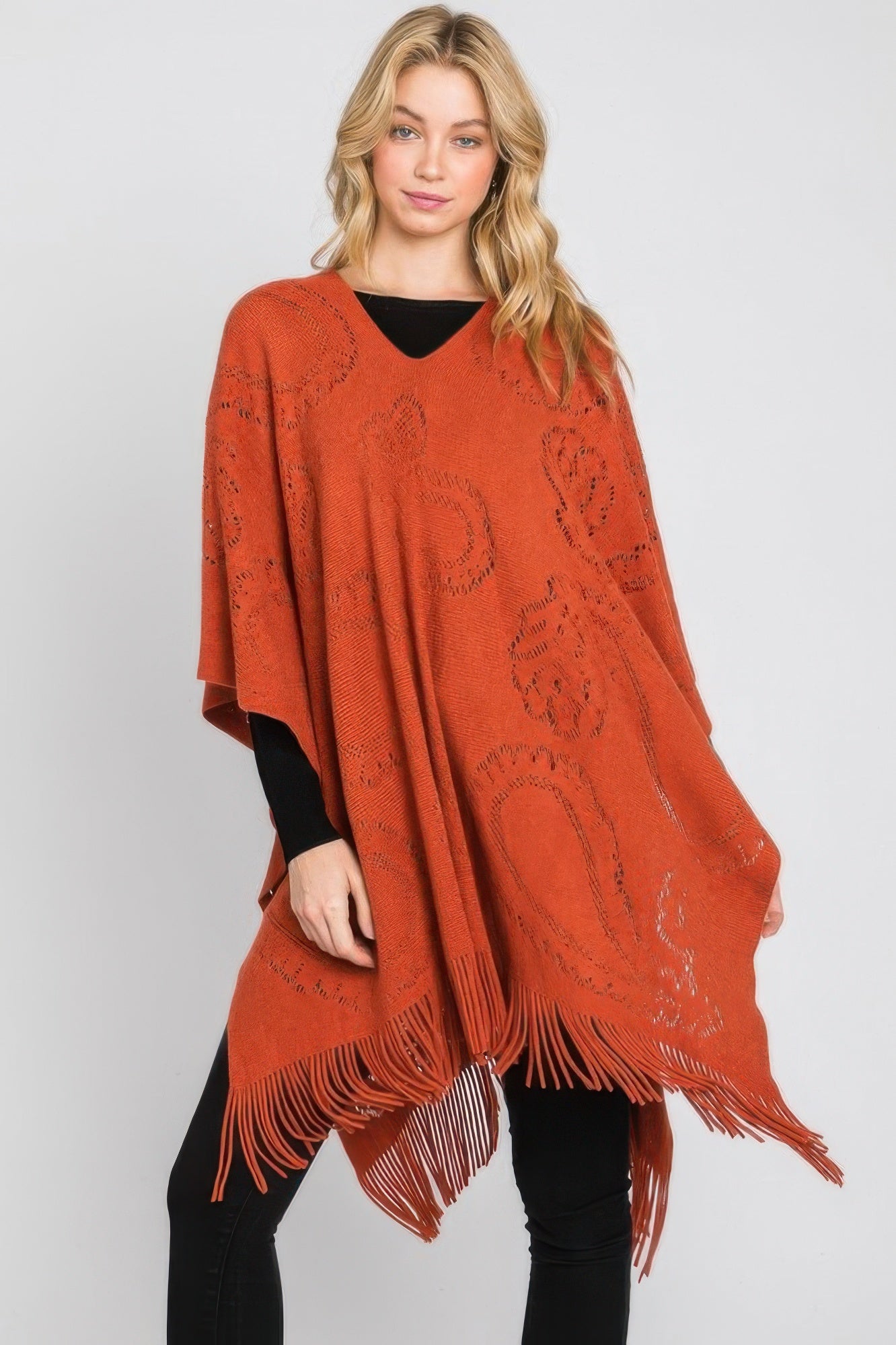 Paisley Pattern Fringe Poncho - All Season Fashion