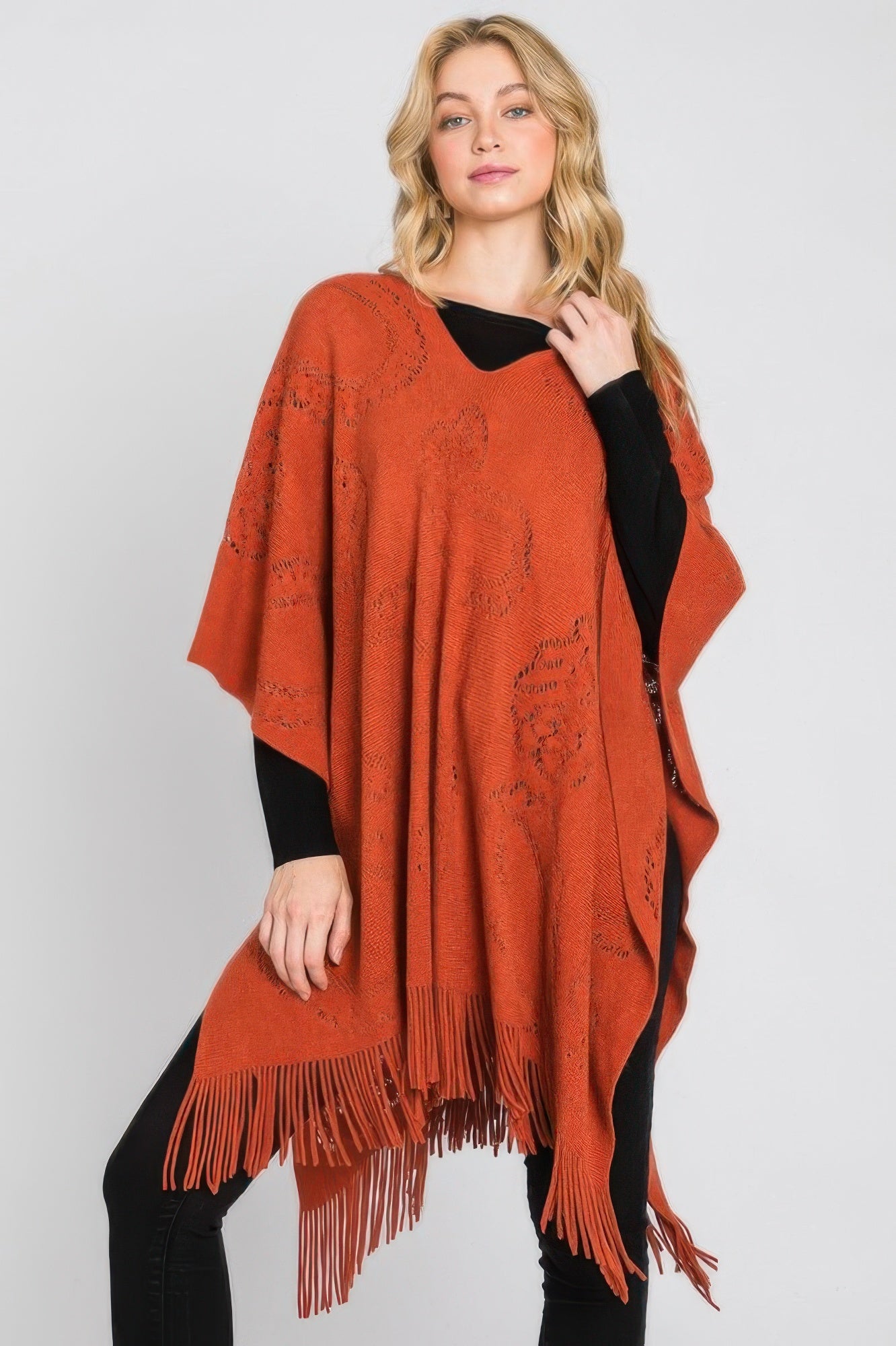 Paisley Pattern Fringe Poncho - All Season Fashion