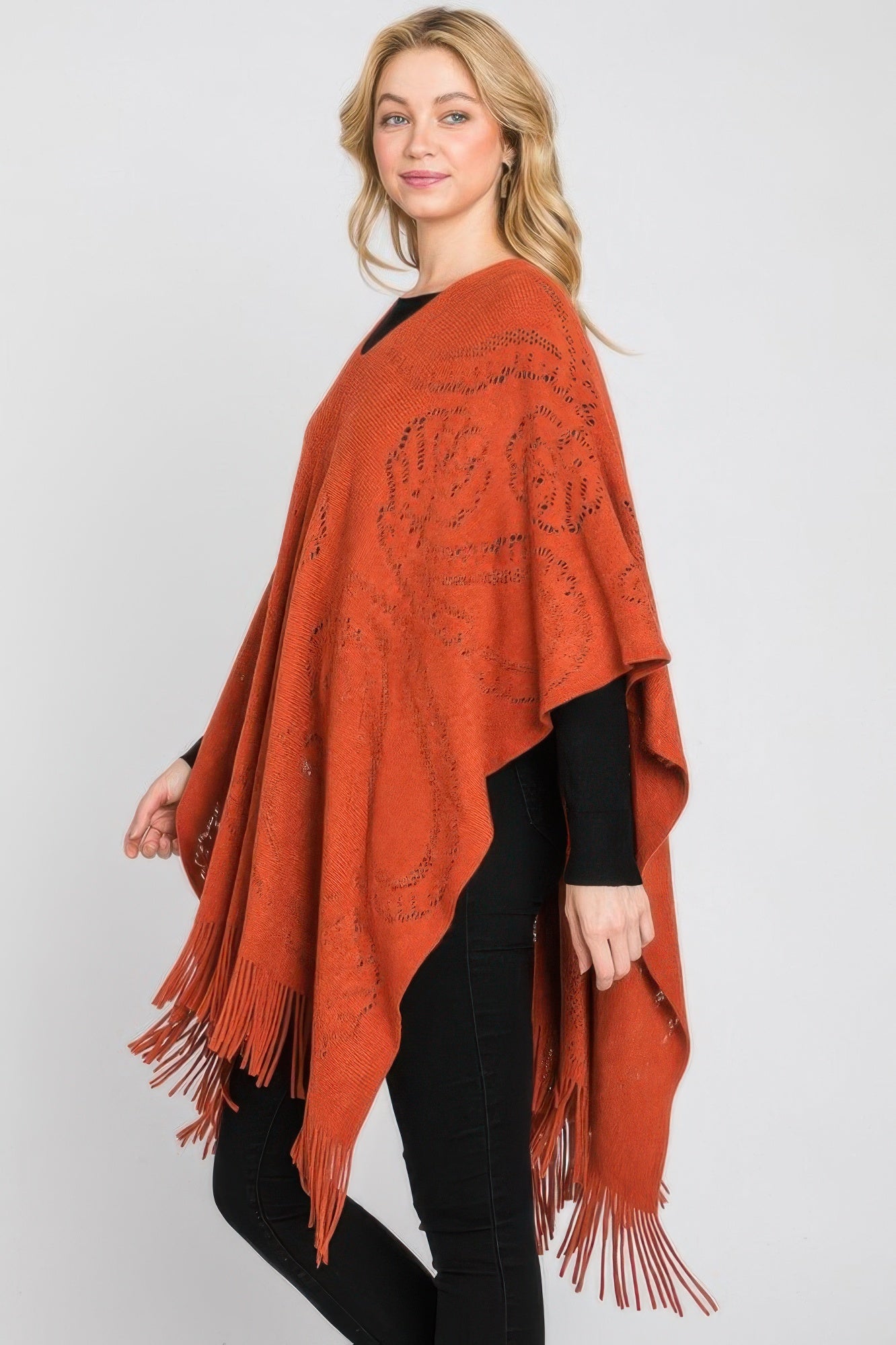 Paisley Pattern Fringe Poncho - All Season Fashion