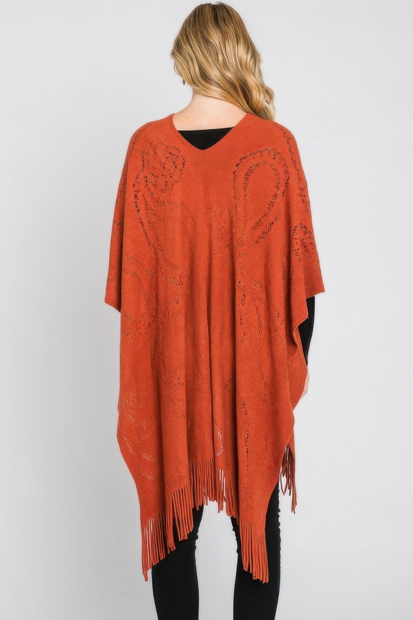Paisley Pattern Fringe Poncho - All Season Fashion