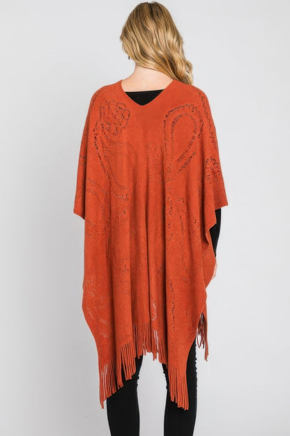 Paisley Pattern Fringe Poncho - All Season Fashion