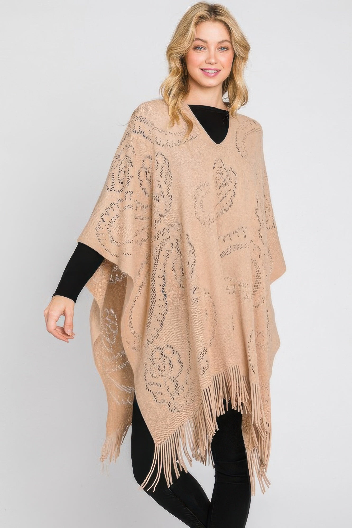 Paisley Pattern Fringe Poncho - All Season Fashion