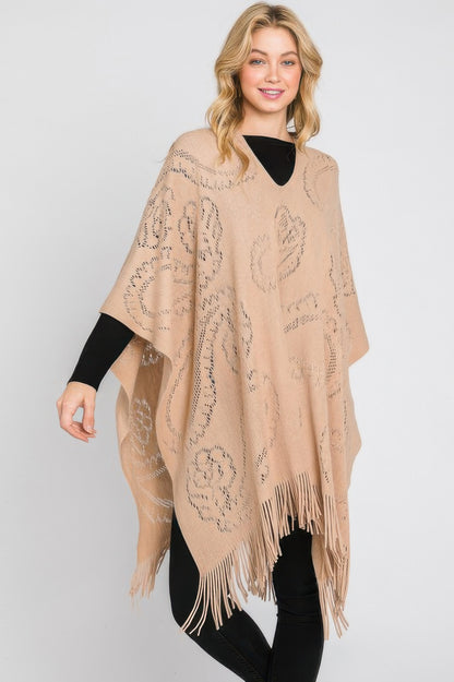 Paisley Pattern Fringe Poncho - All Season Fashion