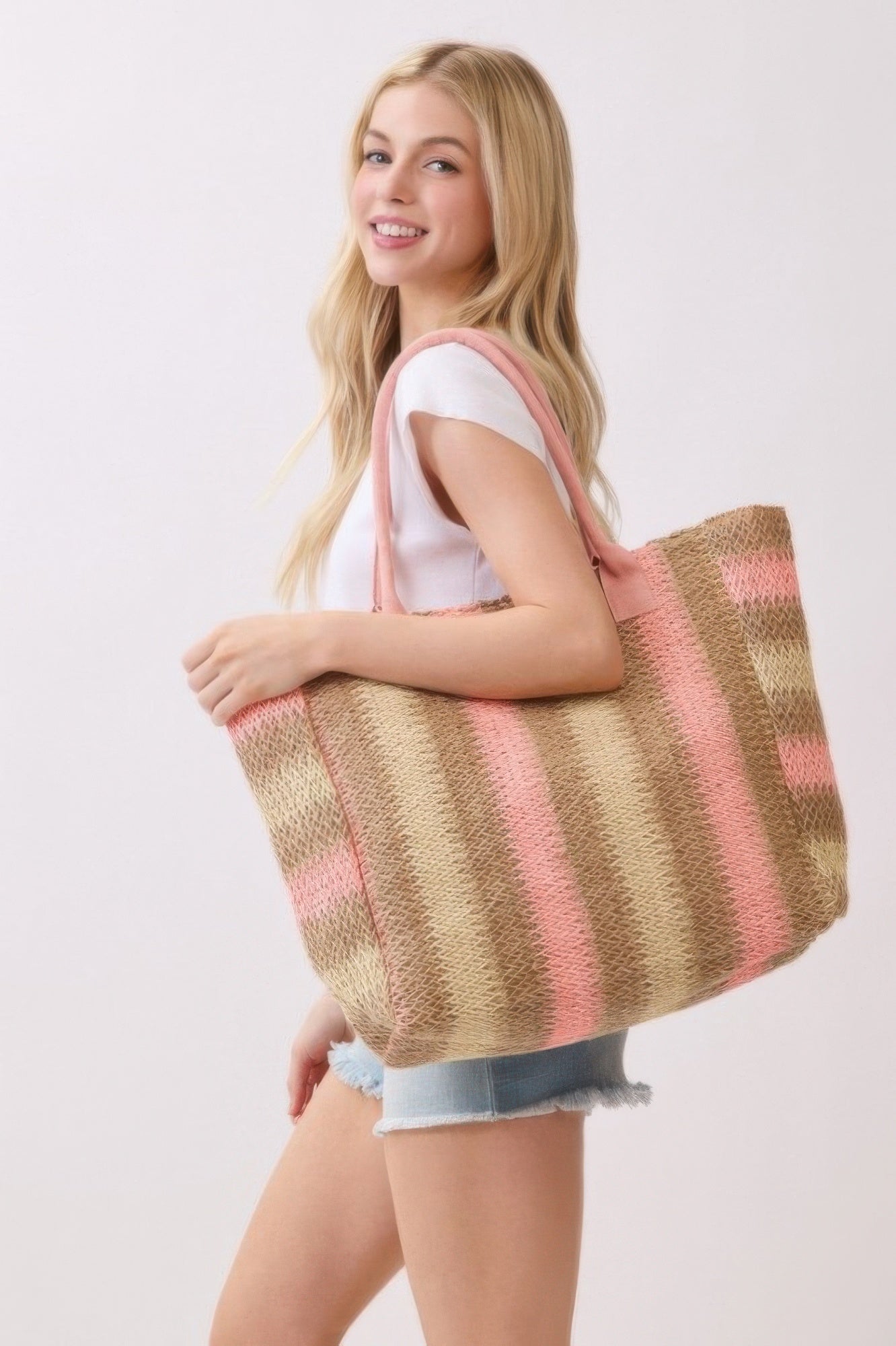 Natural Brown Multi Color Stripe Straw Tote Bag - All Season Fashion
