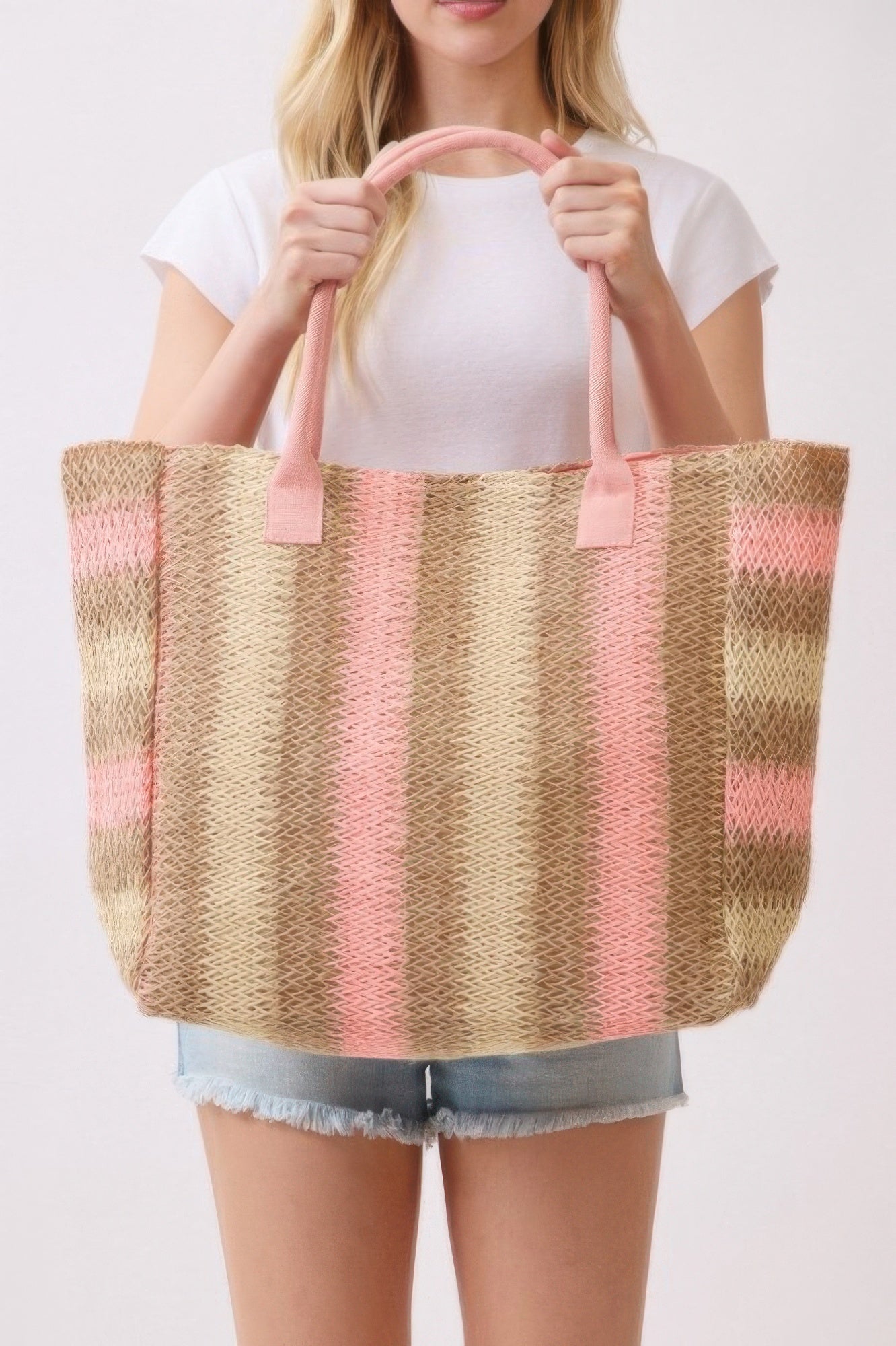 Natural Brown Multi Color Stripe Straw Tote Bag - All Season Fashion