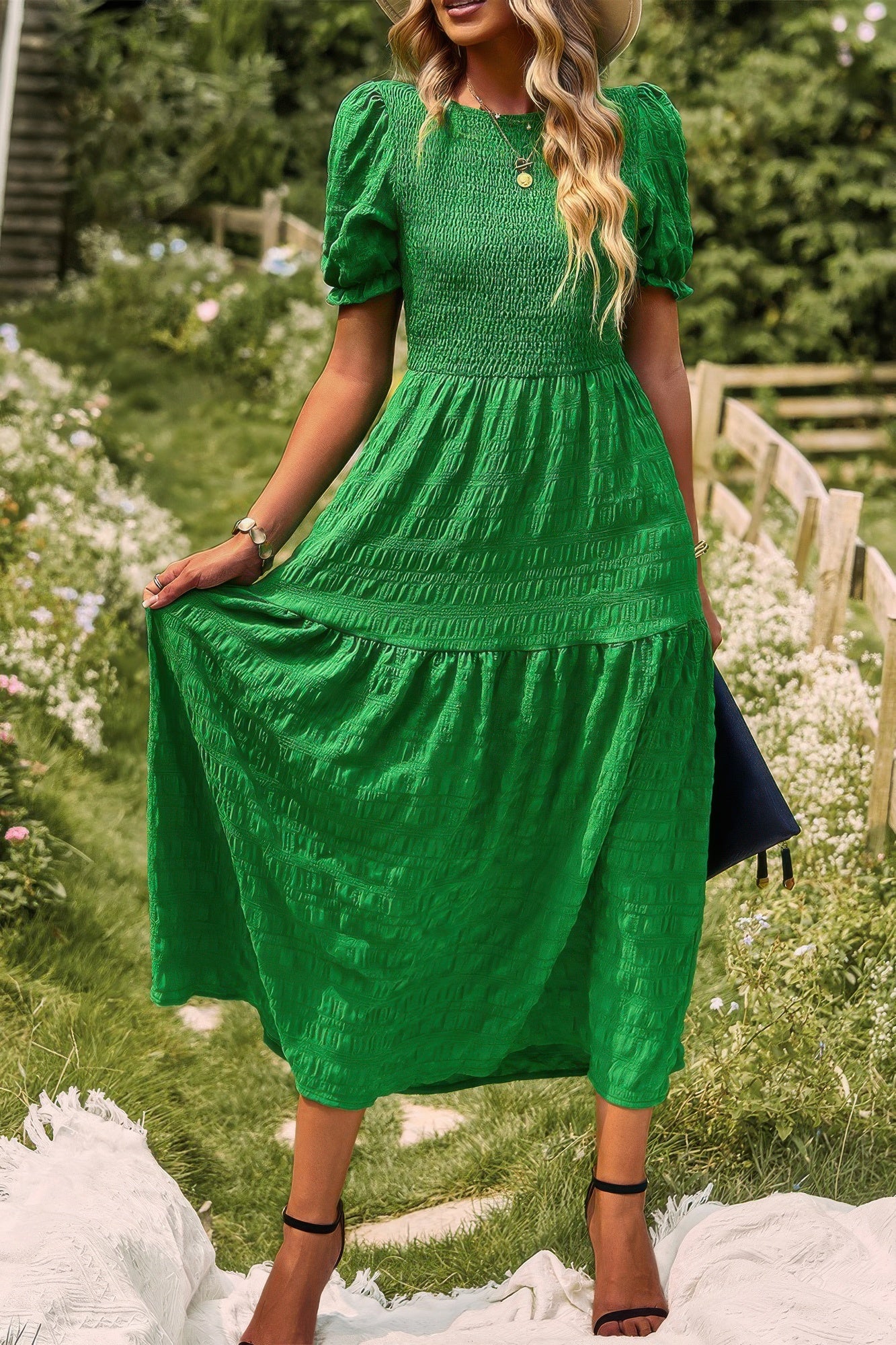 Pleated Tiered Solid Short Puff Sleeve A Line Dres - All Season Fashion