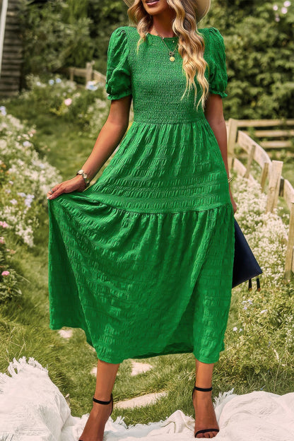 Pleated Tiered Solid Short Puff Sleeve A Line Dres - All Season Fashion