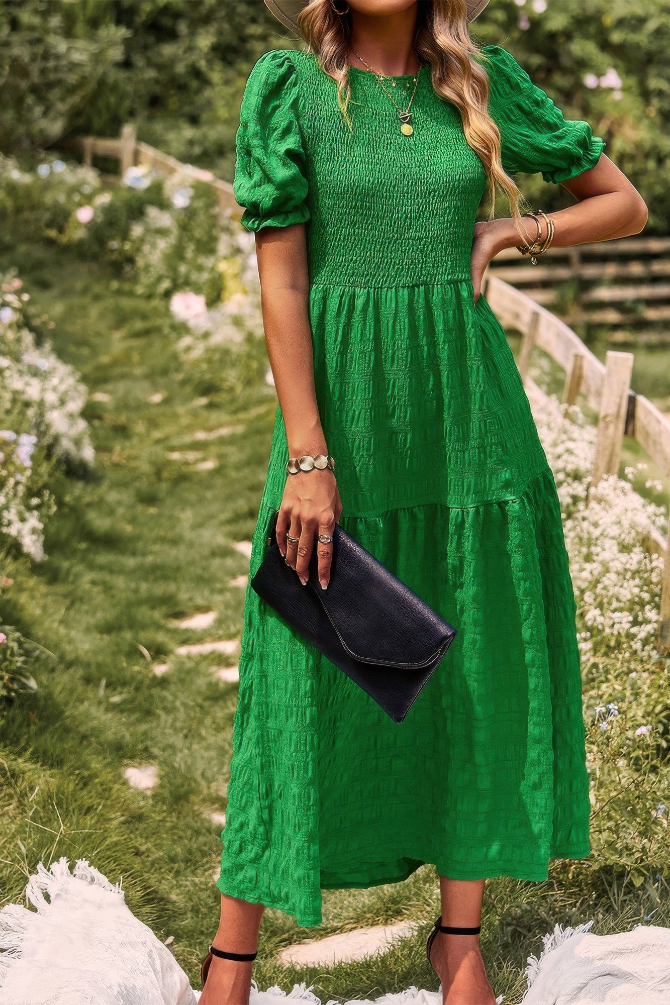 Pleated Tiered Solid Short Puff Sleeve A Line Dres - All Season Fashion