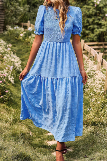 Pleated Tiered Solid Short Puff Sleeve A Line Dres - All Season Fashion