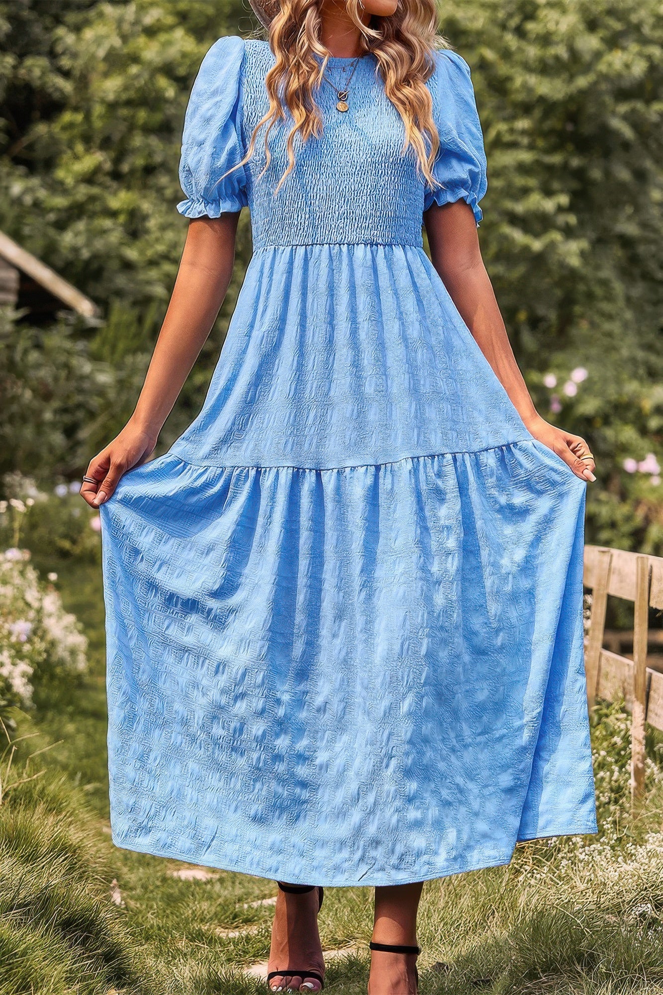 Pleated Tiered Solid Short Puff Sleeve A Line Dres - All Season Fashion