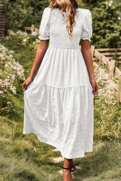 Pleated Tiered Solid Short Puff Sleeve A Line Dres - All Season Fashion