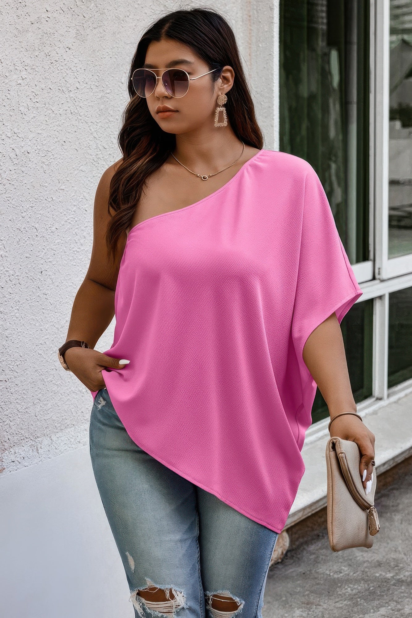 Plus One Shoulder Solid Casual Loose Fit Shirt - All Season Fashion
