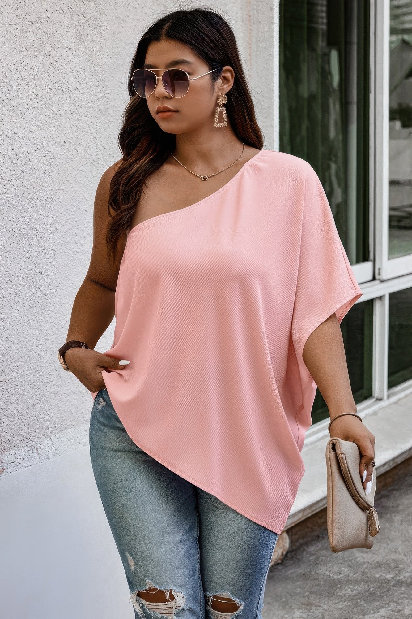 Plus One Shoulder Solid Casual Loose Fit Shirt - All Season Fashion