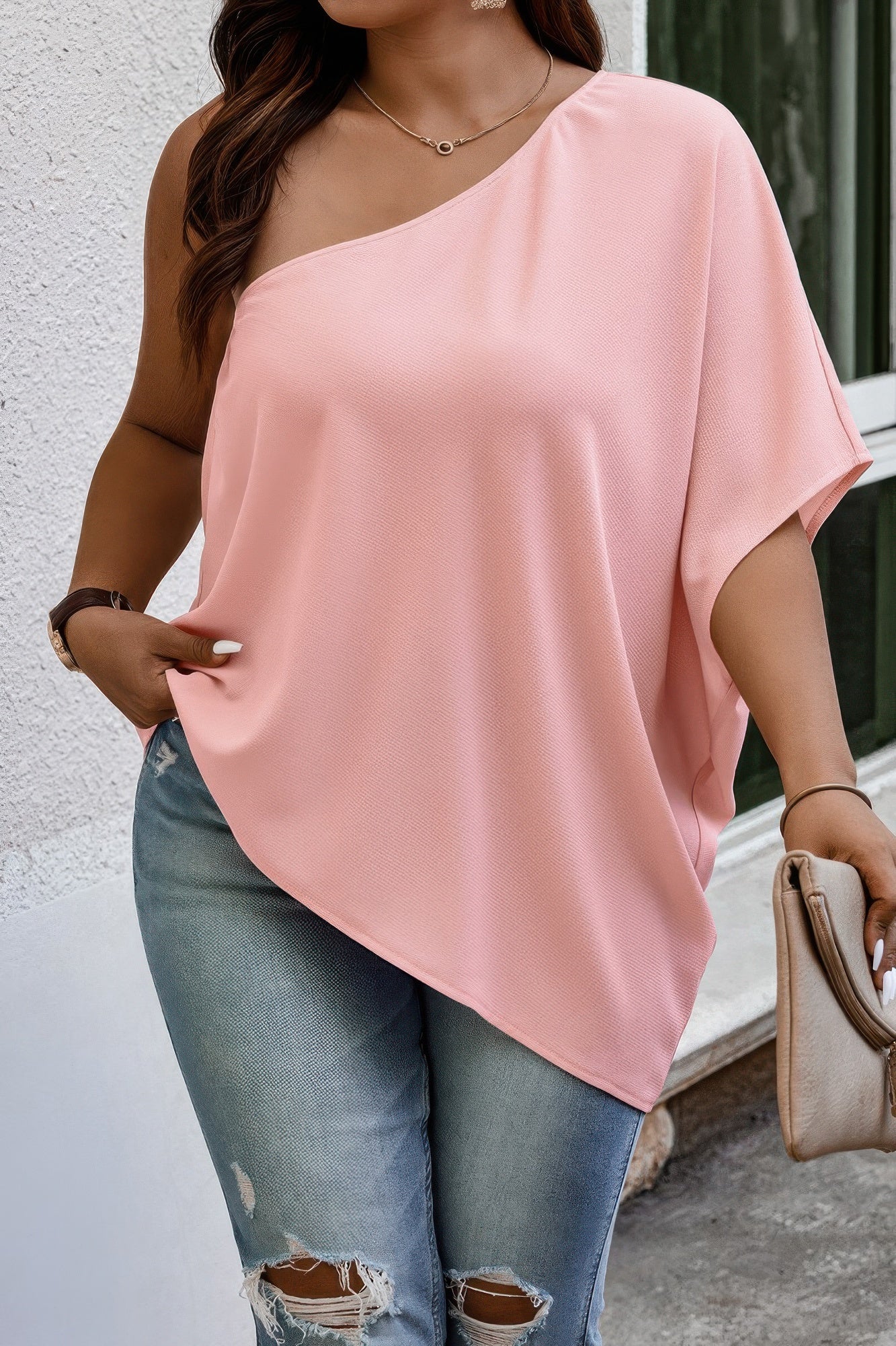 Plus One Shoulder Solid Casual Loose Fit Shirt - All Season Fashion