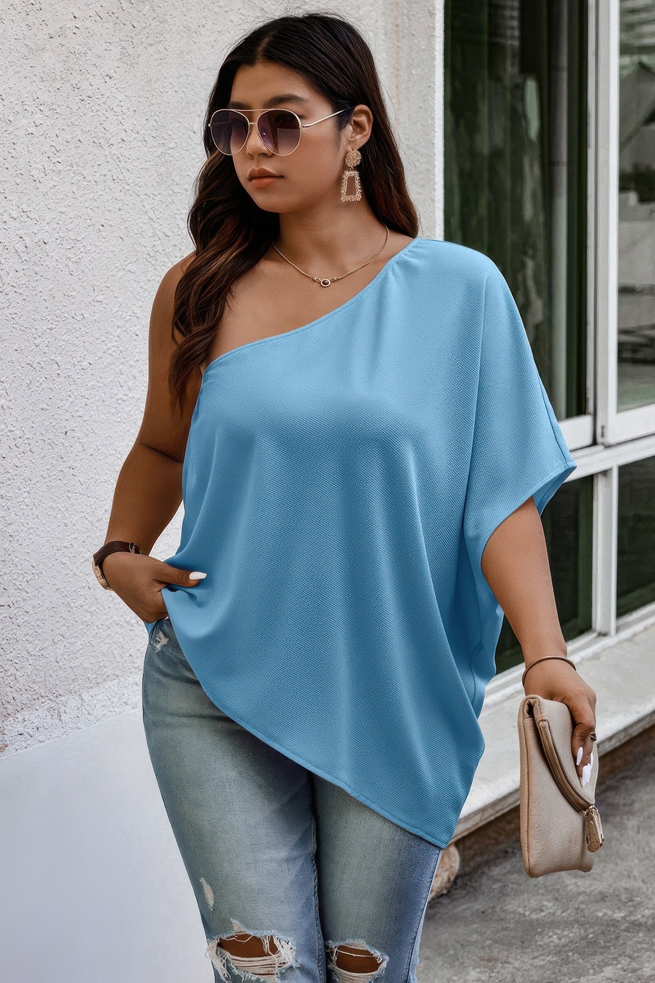 Plus One Shoulder Solid Casual Loose Fit Shirt - All Season Fashion