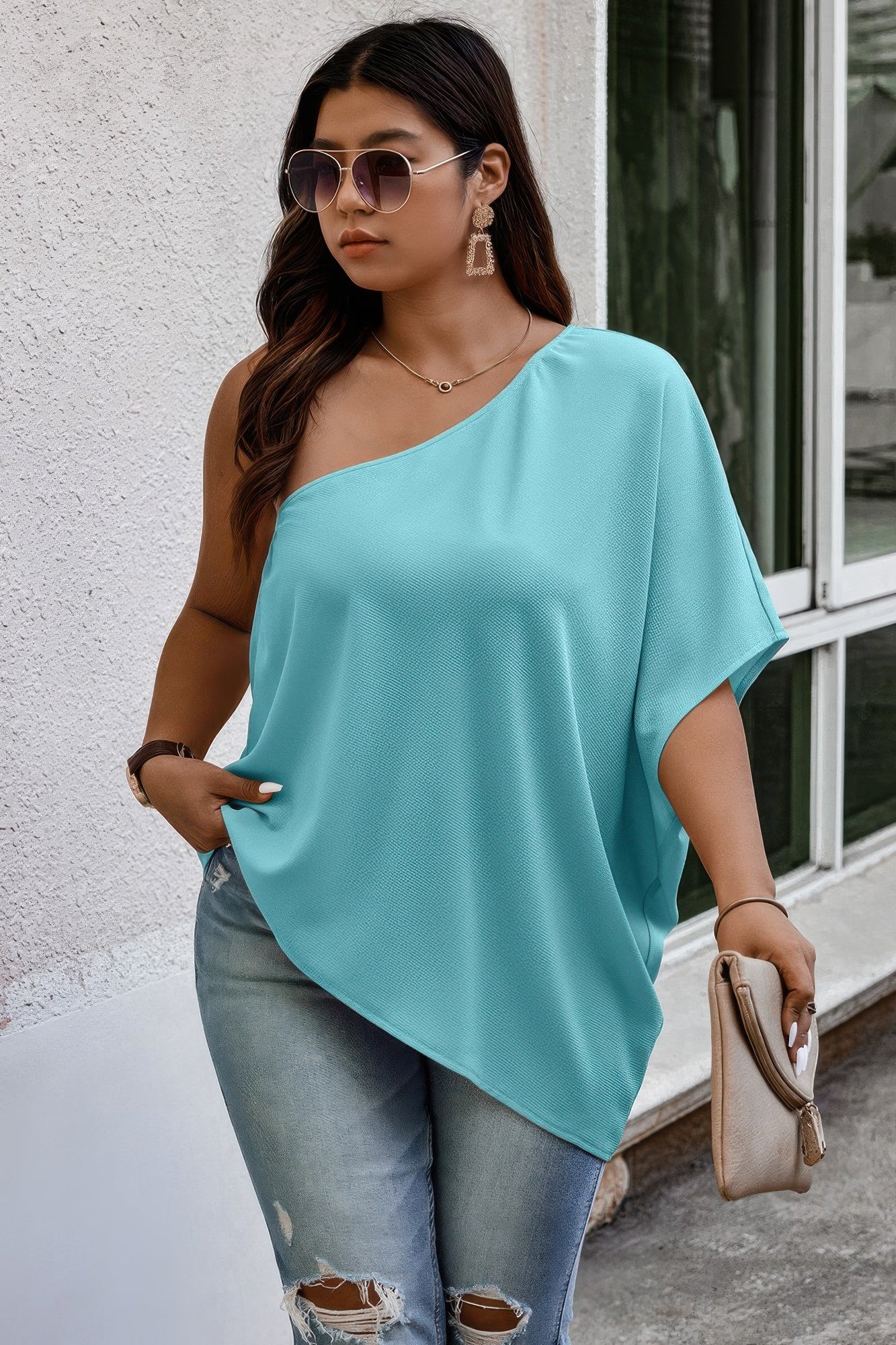 Plus One Shoulder Solid Casual Loose Fit Shirt - All Season Fashion