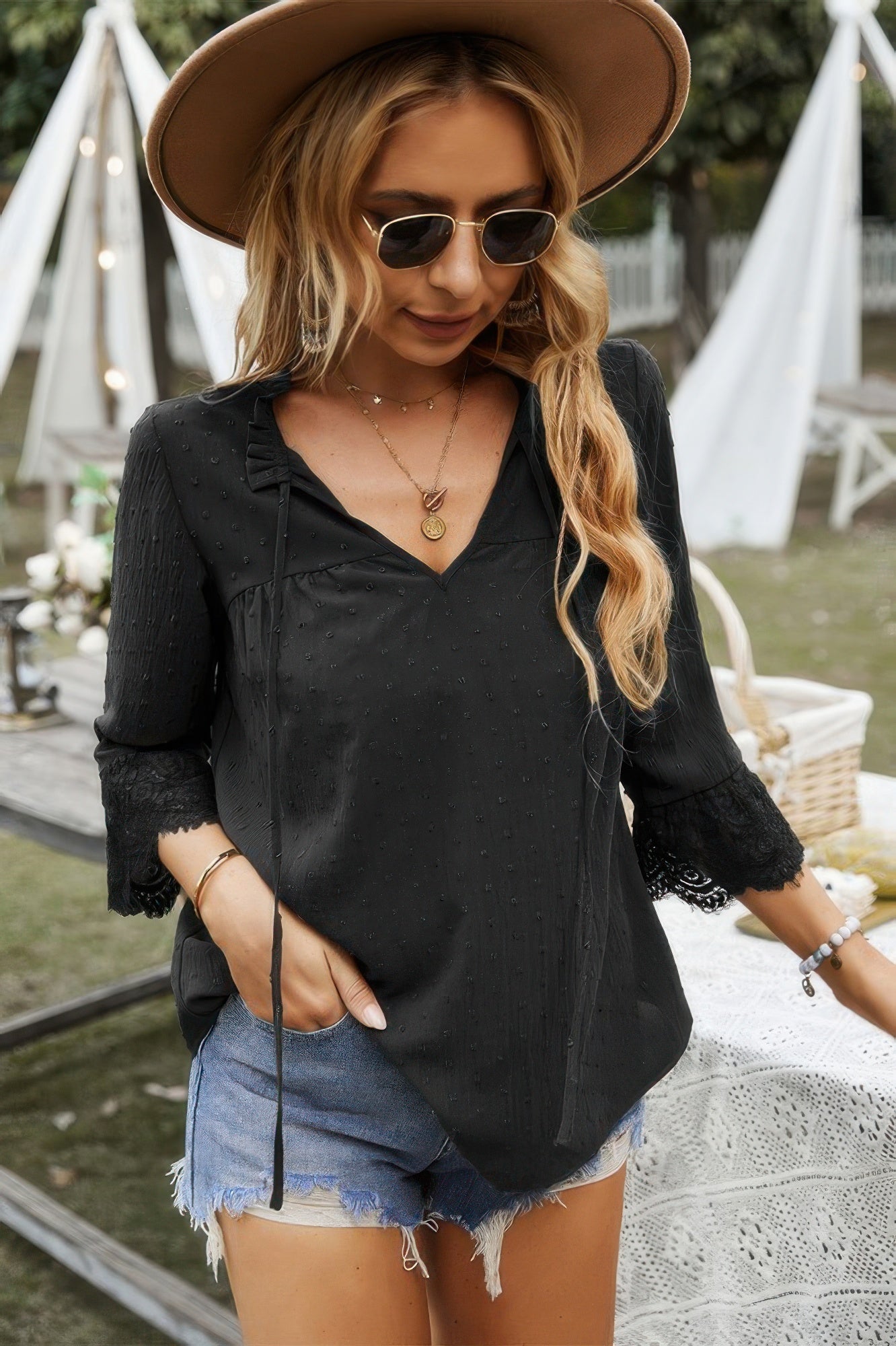 Swiss Dot Lace Splicing Sleeve V Neck Blouse - All Season Fashion