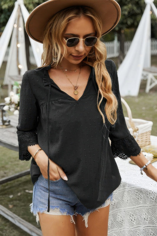 Swiss Dot Lace Splicing Sleeve V Neck Blouse - All Season Fashion