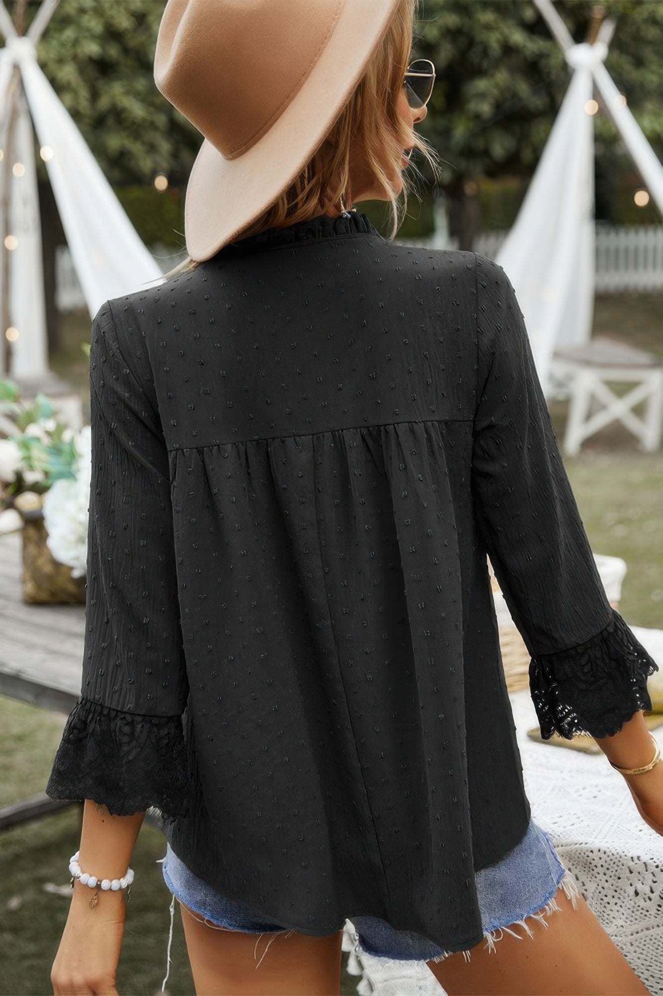 Swiss Dot Lace Splicing Sleeve V Neck Blouse - All Season Fashion