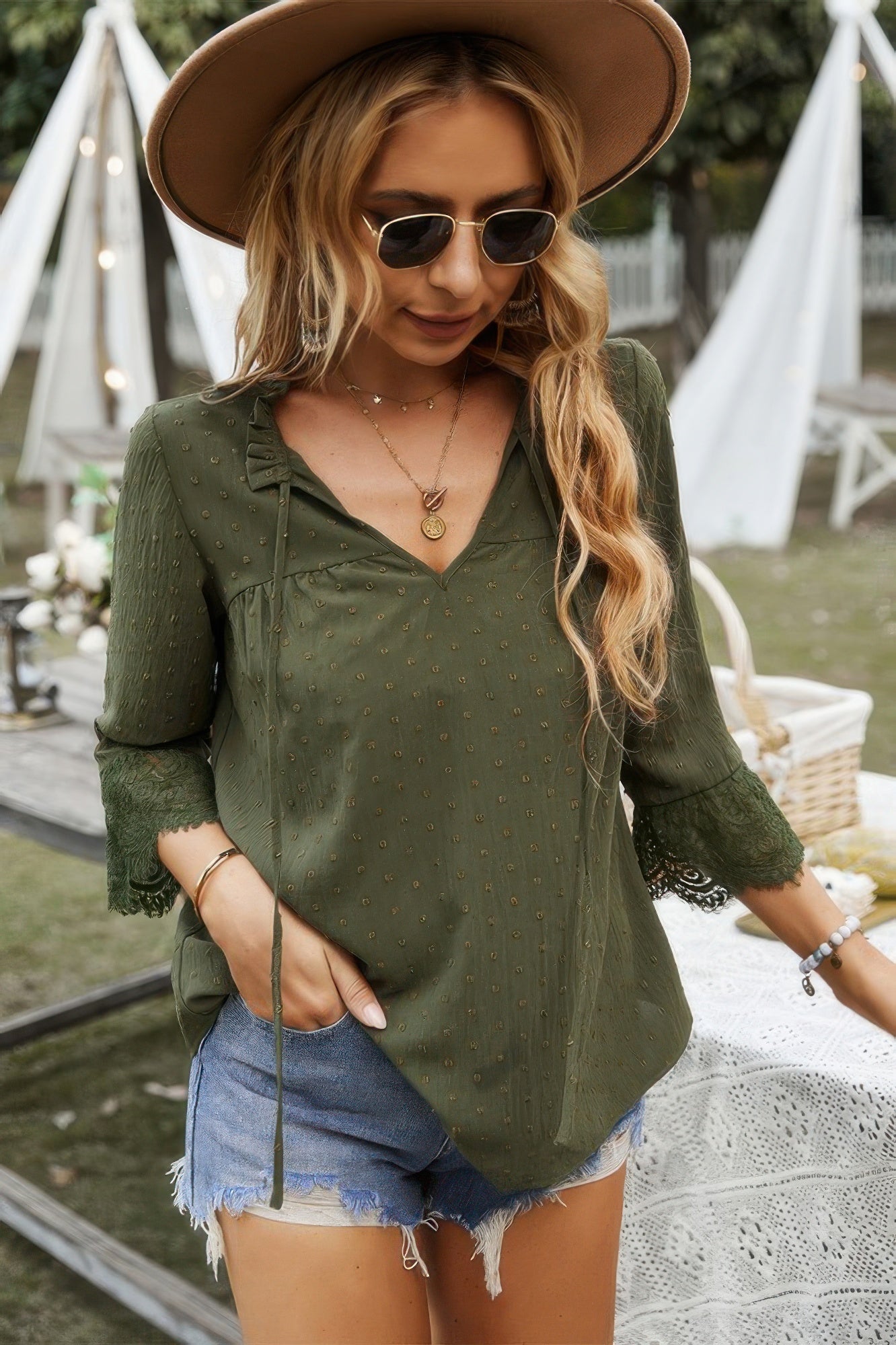 Swiss Dot Lace Splicing Sleeve V Neck Blouse - All Season Fashion