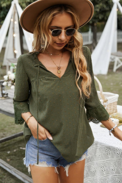 Swiss Dot Lace Splicing Sleeve V Neck Blouse - All Season Fashion