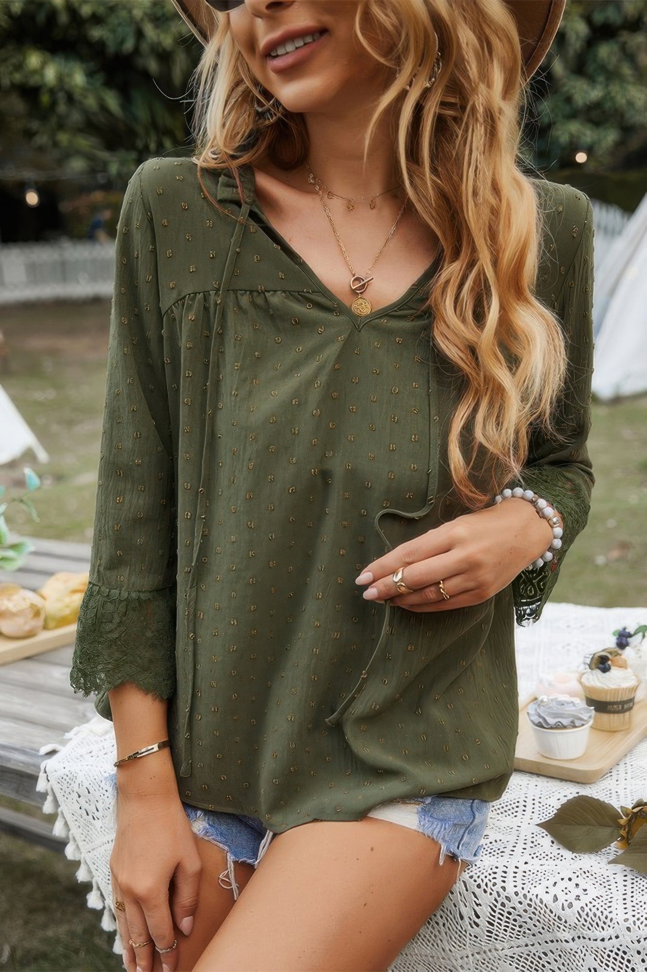 Swiss Dot Lace Splicing Sleeve V Neck Blouse - All Season Fashion