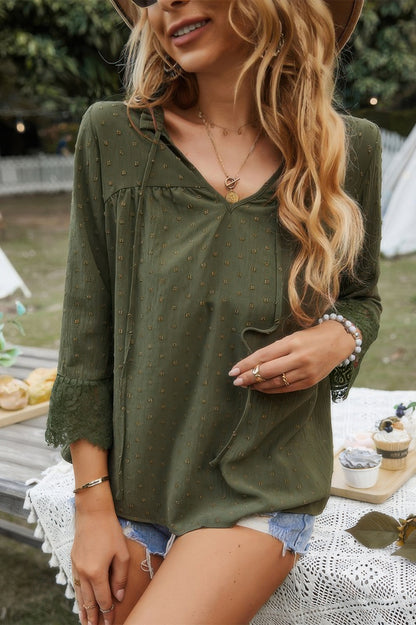 Swiss Dot Lace Splicing Sleeve V Neck Blouse - All Season Fashion