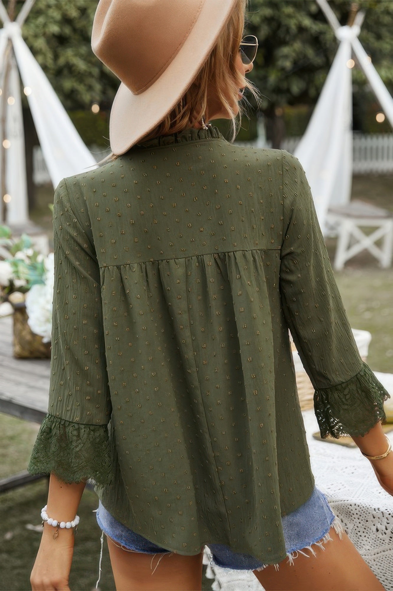 Swiss Dot Lace Splicing Sleeve V Neck Blouse - All Season Fashion