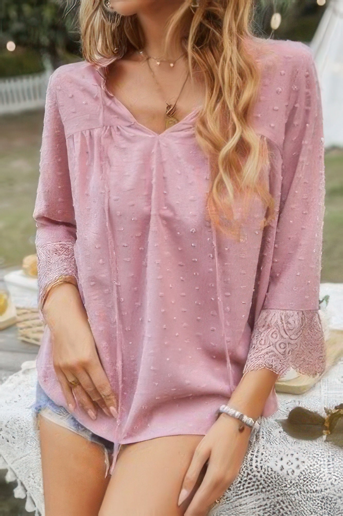 Swiss Dot Lace Splicing Sleeve V Neck Blouse - All Season Fashion