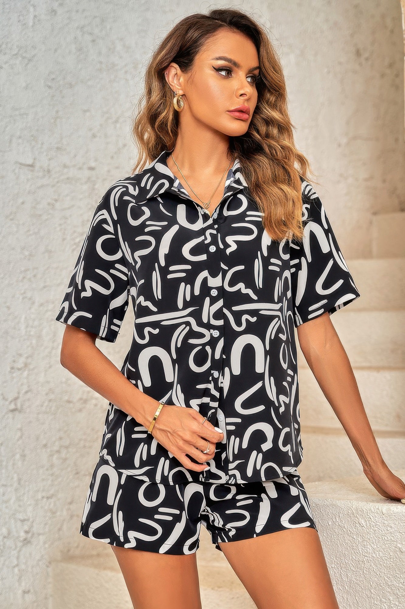 Outfit Sequins Lips Print Button Down Shorts Set - All Season Fashion