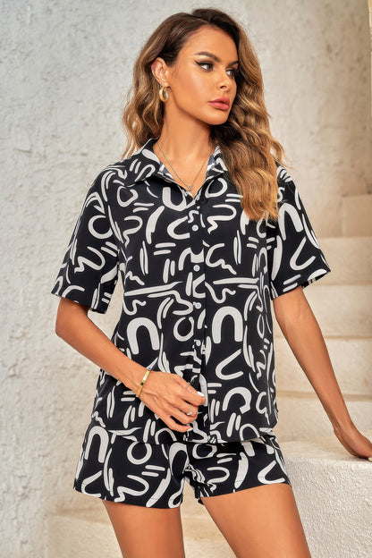 Outfit Sequins Lips Print Button Down Shorts Set - All Season Fashion