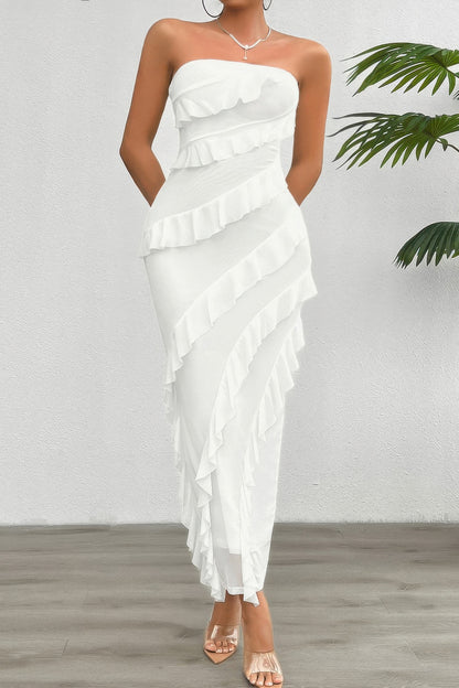 Solid Off Shoulder Ruffle Sleeveless Maxi Dress - All Season Fashion