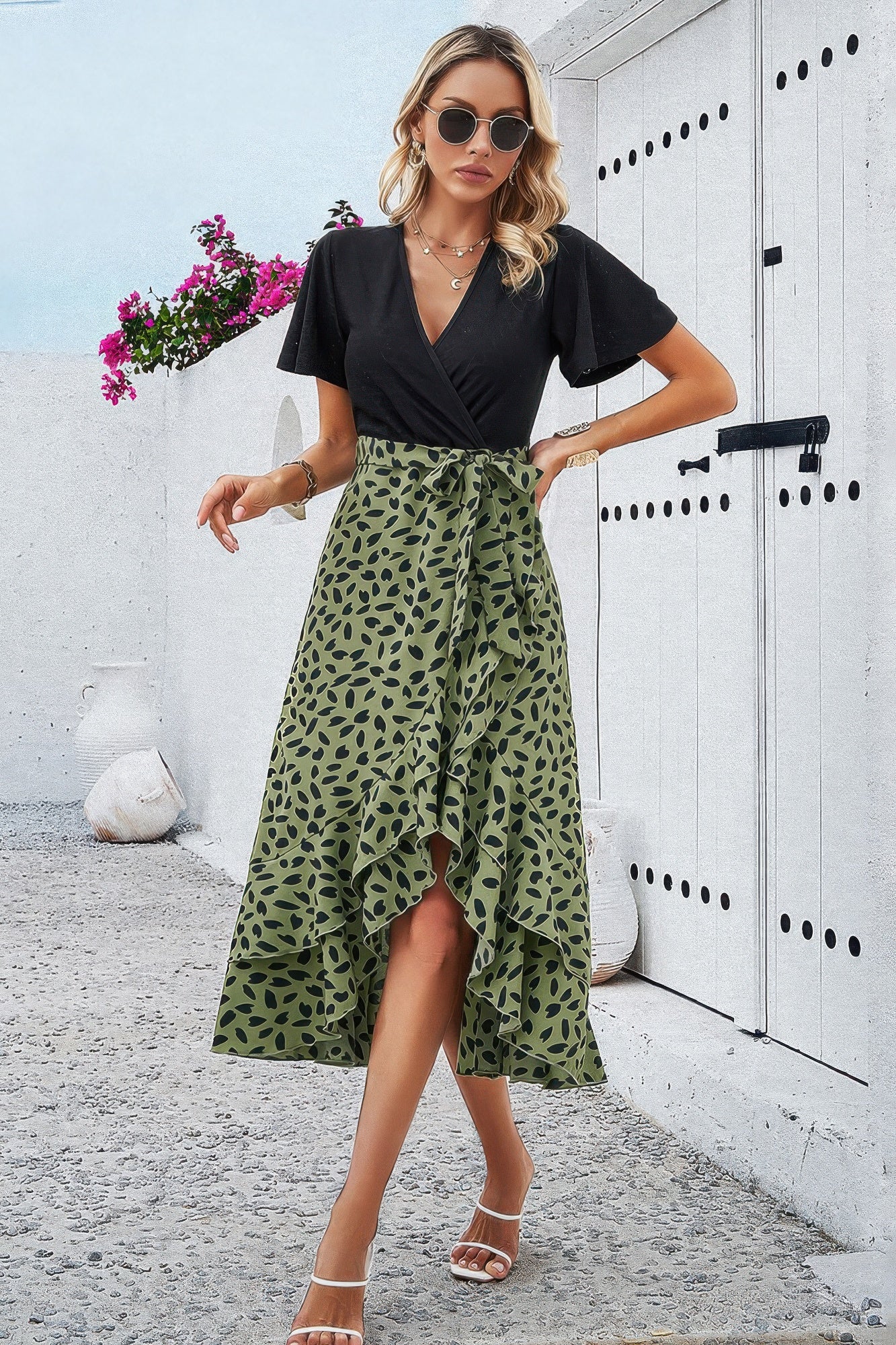 Cross Color Block Lace V Neck Belt Print Dress - All Season Fashion