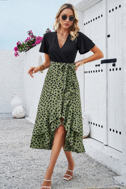 Cross Color Block Lace V Neck Belt Print Dress - All Season Fashion