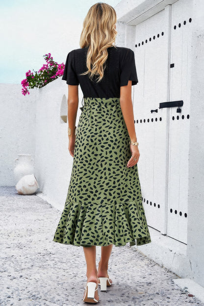 Cross Color Block Lace V Neck Belt Print Dress - All Season Fashion