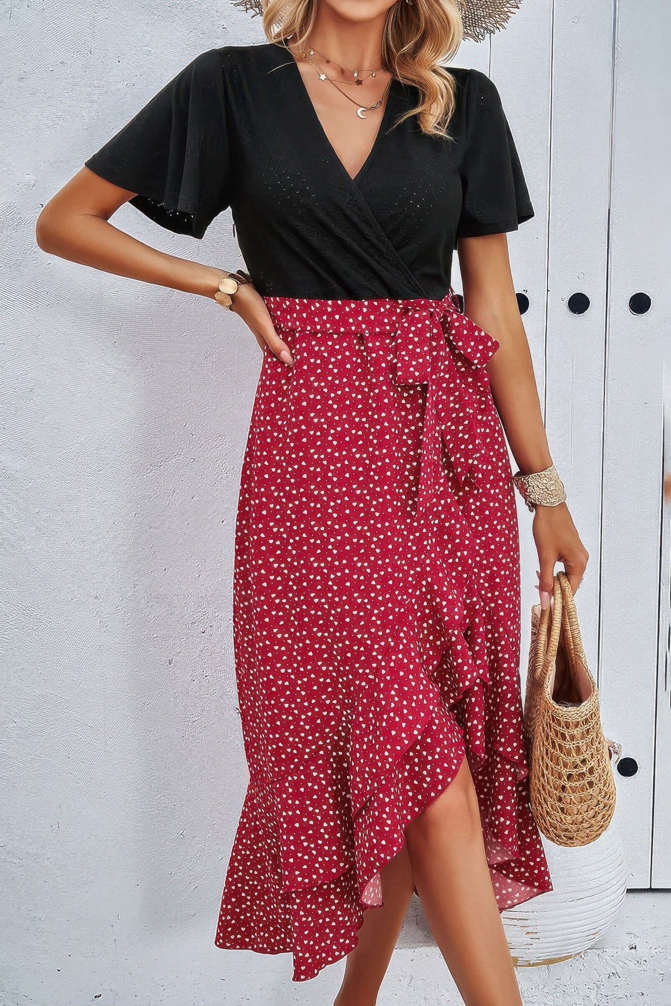 Cross Color Block Lace V Neck Belt Print Dress - All Season Fashion