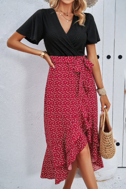 Cross Color Block Lace V Neck Belt Print Dress - All Season Fashion