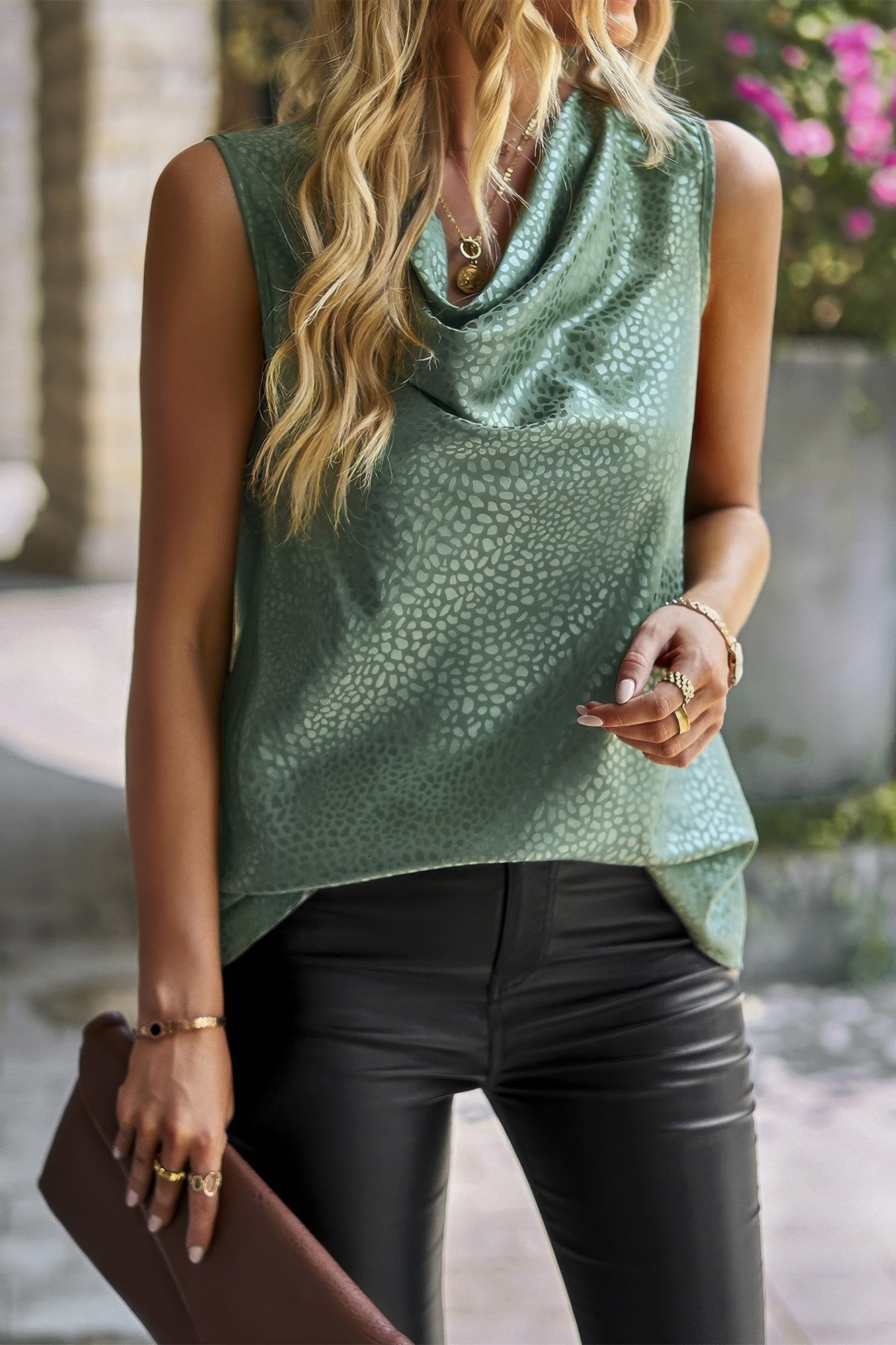 Animal Print Scarf Collar Sleeveless Loose Top - All Season Fashion