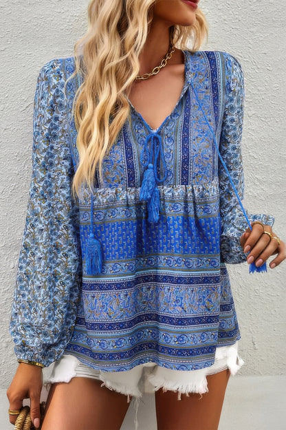 Tie Neck Boho Floral Tunics Long Sleeve Shirt - All Season Fashion