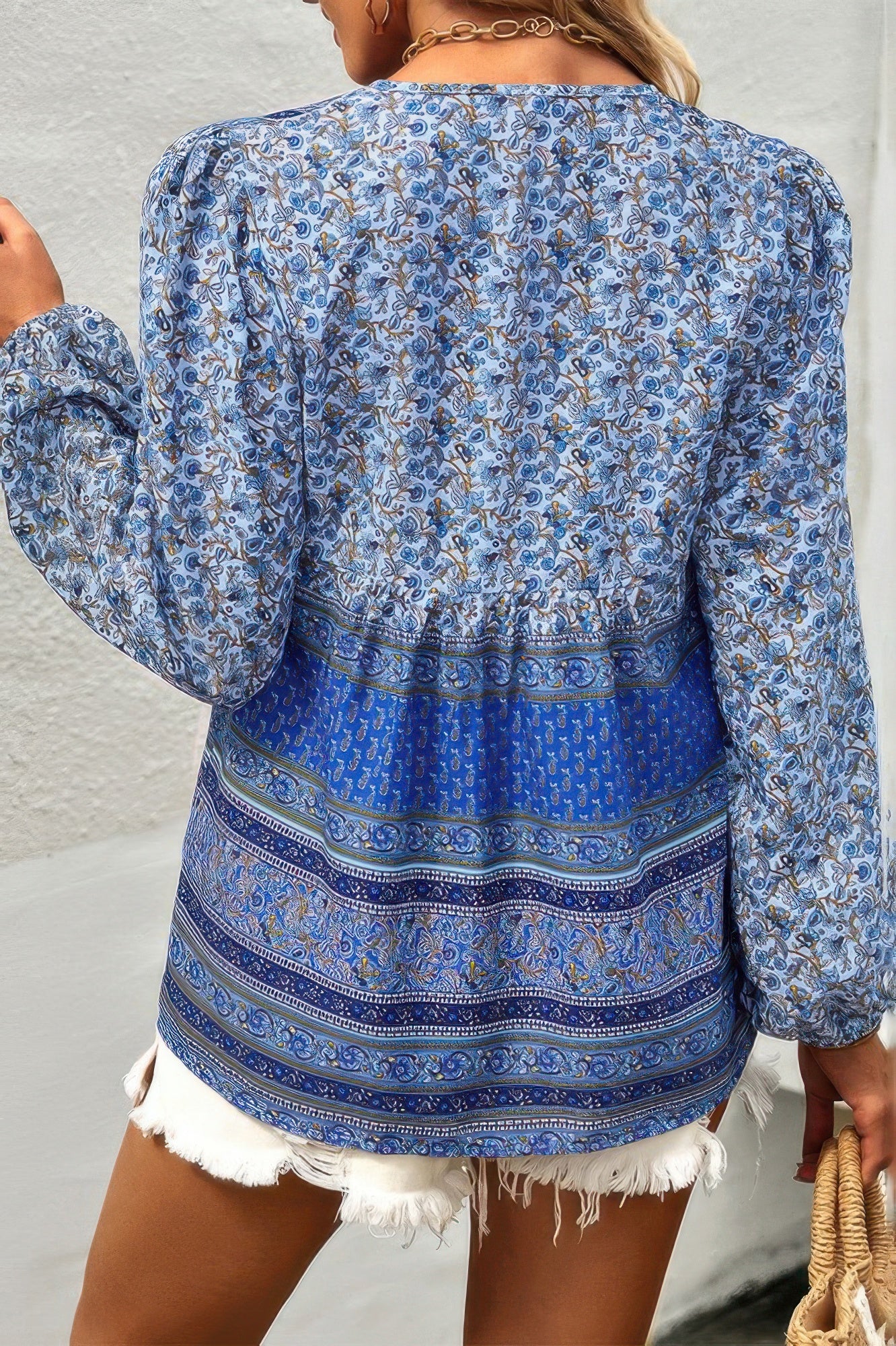 Tie Neck Boho Floral Tunics Long Sleeve Shirt - All Season Fashion