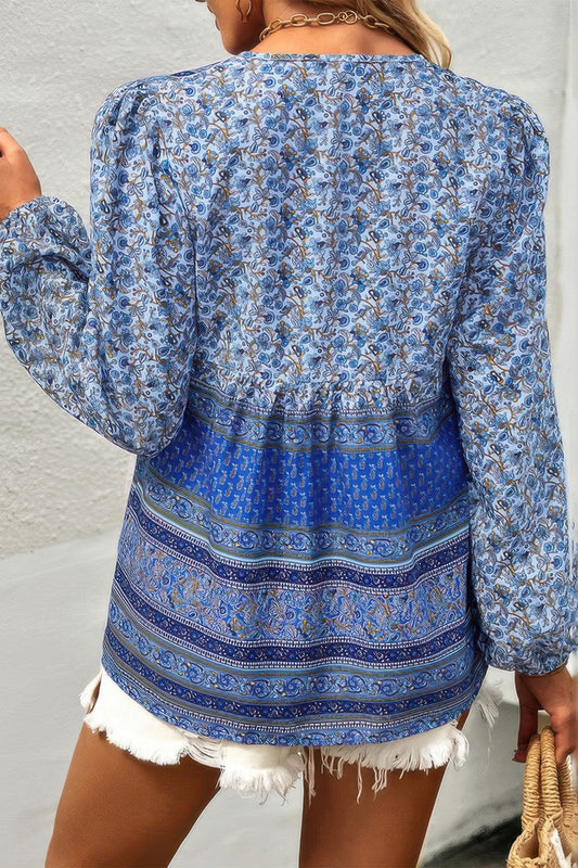 Tie Neck Boho Floral Tunics Long Sleeve Shirt - All Season Fashion