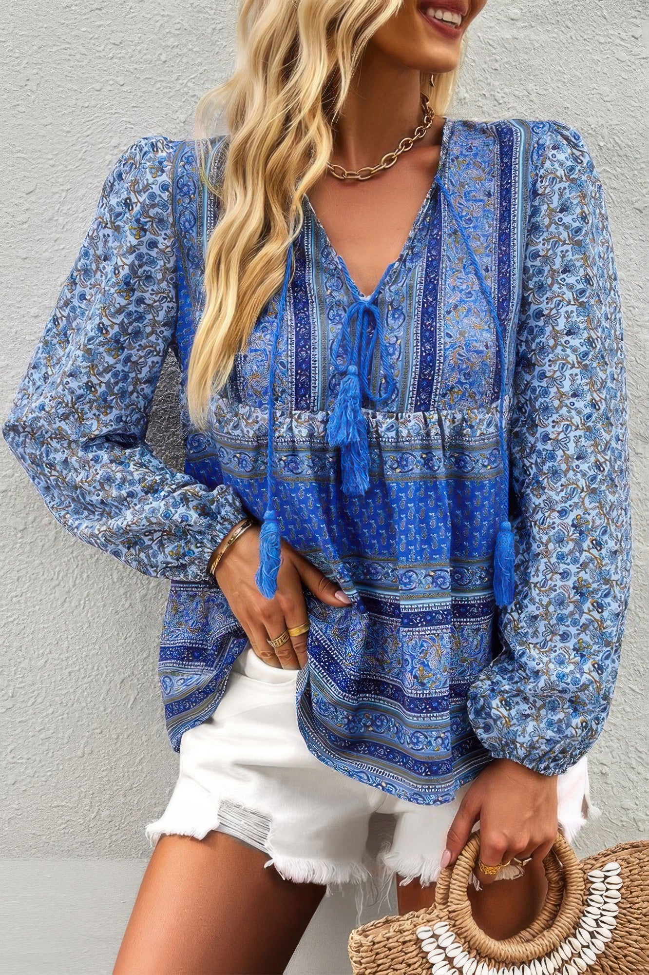 Tie Neck Boho Floral Tunics Long Sleeve Shirt - All Season Fashion