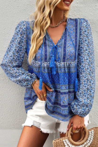 Tie Neck Boho Floral Tunics Long Sleeve Shirt - All Season Fashion