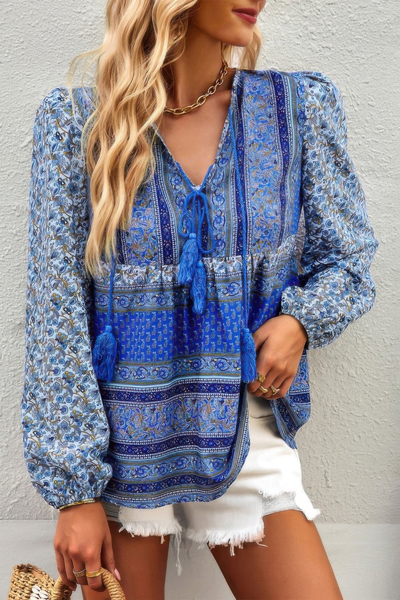 Tie Neck Boho Floral Tunics Long Sleeve Shirt - All Season Fashion