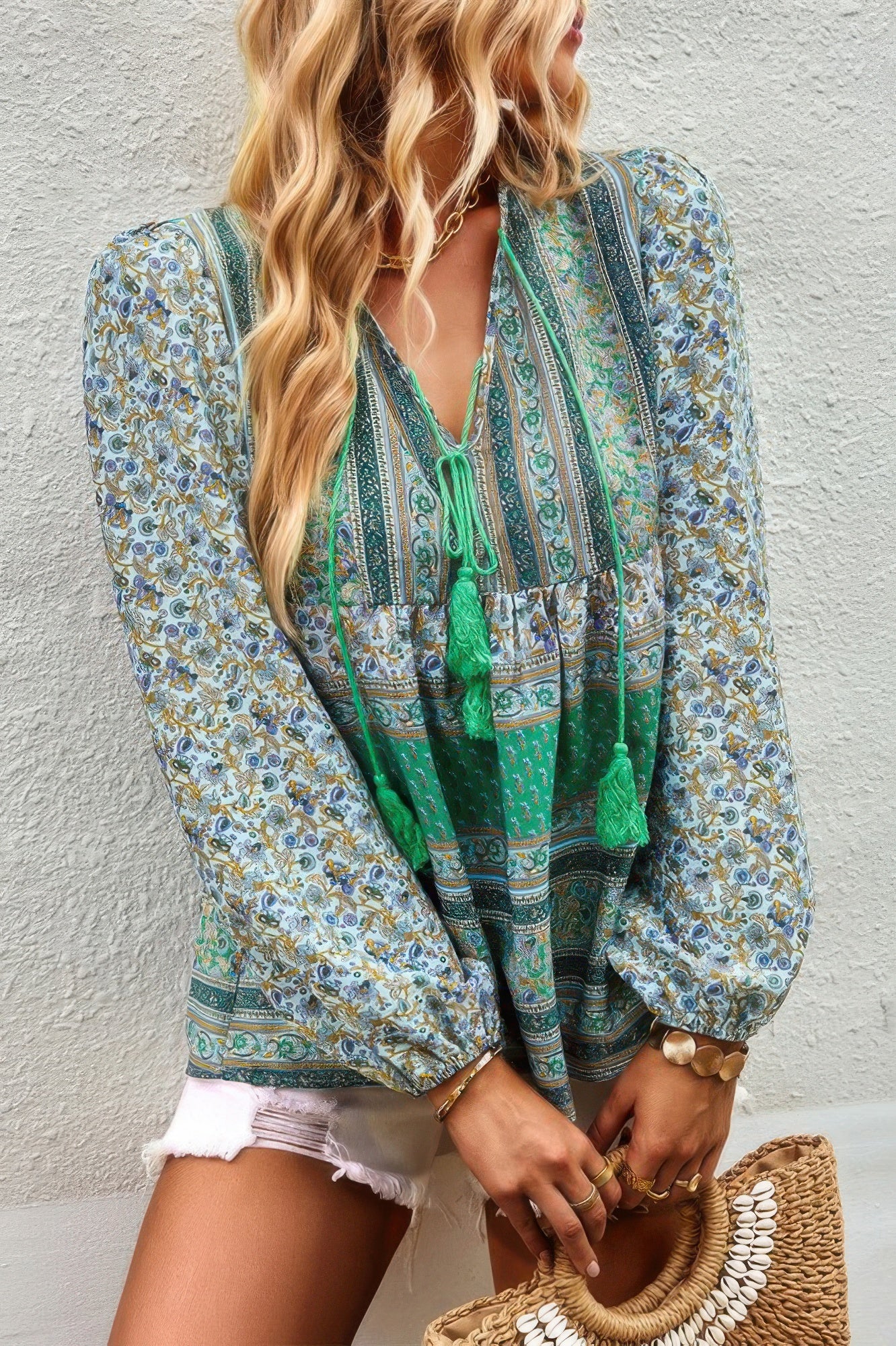 Tie Neck Boho Floral Tunics Long Sleeve Shirt - All Season Fashion