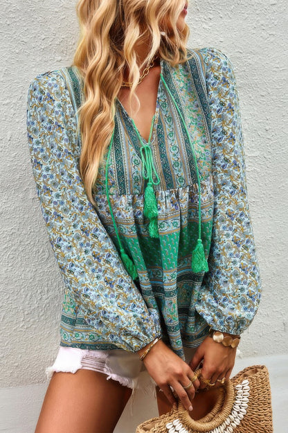 Tie Neck Boho Floral Tunics Long Sleeve Shirt - All Season Fashion