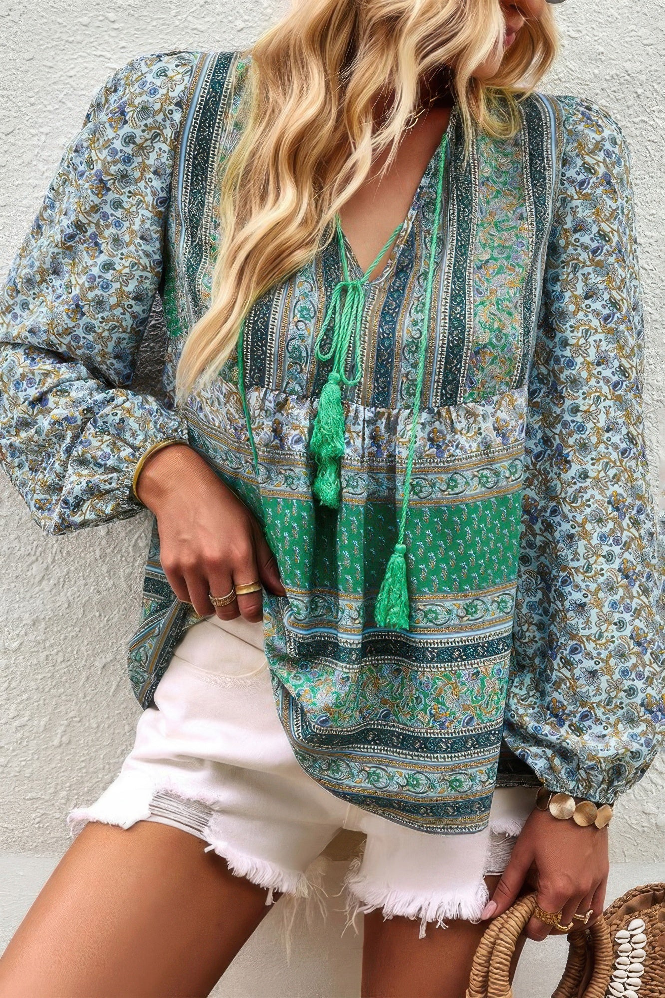 Tie Neck Boho Floral Tunics Long Sleeve Shirt - All Season Fashion