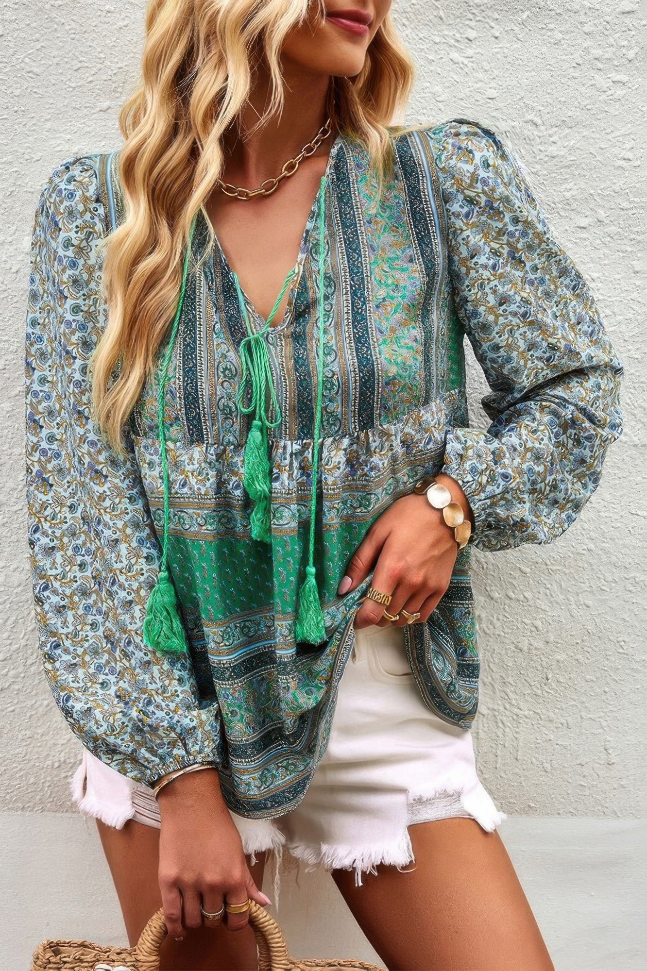 Tie Neck Boho Floral Tunics Long Sleeve Shirt - All Season Fashion