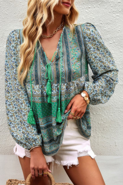 Tie Neck Boho Floral Tunics Long Sleeve Shirt - All Season Fashion