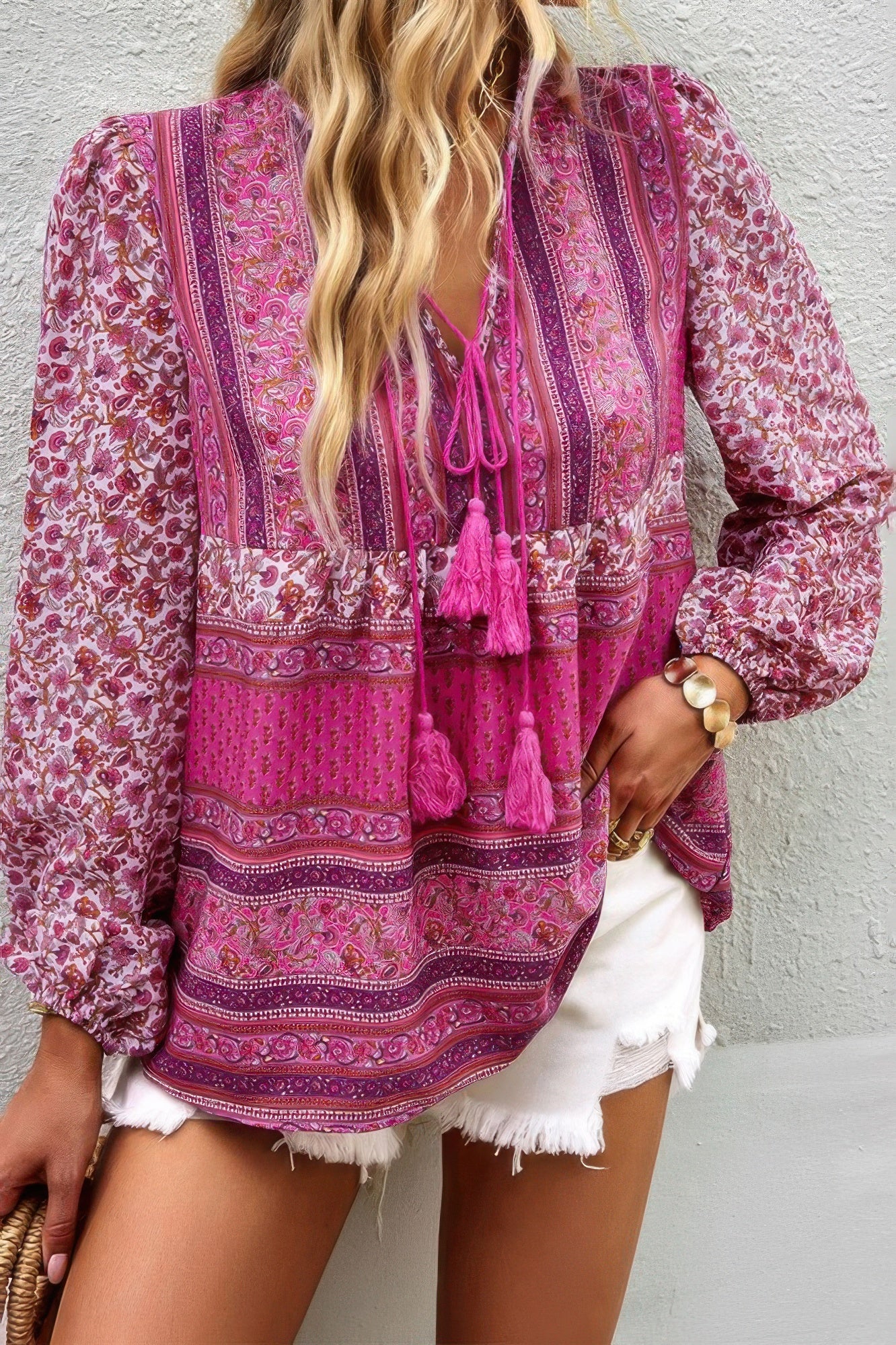 Tie Neck Boho Floral Tunics Long Sleeve Shirt - All Season Fashion